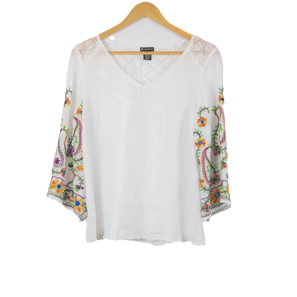 New Directions Embroidered Blouse White Medium‎ Wide Sleeve Boho Chic